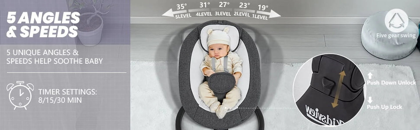 Baby Swing,Electric Baby Swing for Infants,Bluetooth Baby Swings with Intelligence Timing,5 Swing Speeds,Touch Screen Music Speaker 12 Preset Lullabies Baby Swing for Babies 0-9 Months Grey