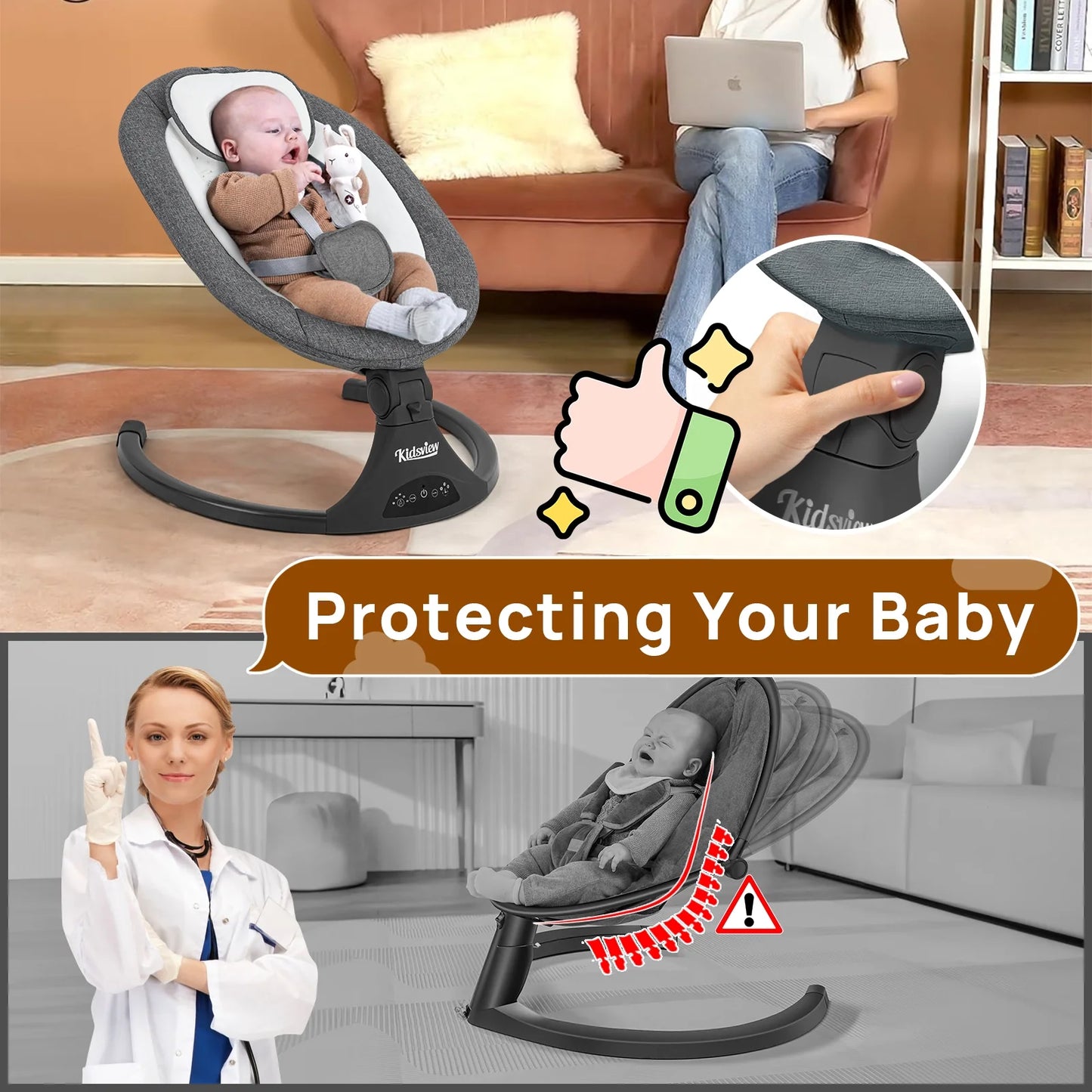 Baby Swing,Electric Baby Swing for Infants,Bluetooth Baby Swings with Intelligence Timing,5 Swing Speeds,Touch Screen Music Speaker 12 Preset Lullabies Baby Swing for Babies 0-9 Months Grey
