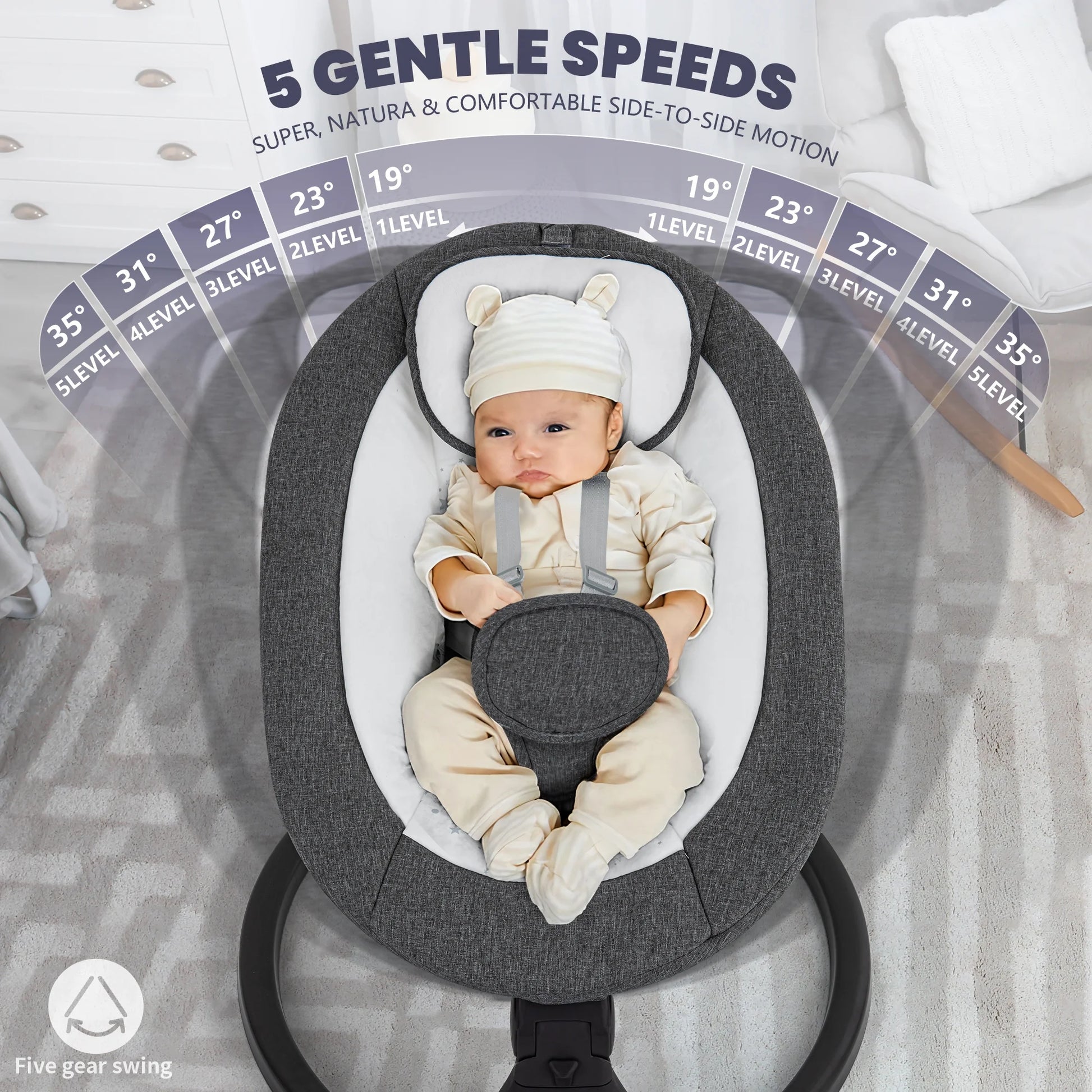 Baby Swing,Electric Baby Swing for Infants,Bluetooth Baby Swings with Intelligence Timing,5 Swing Speeds,Touch Screen Music Speaker 12 Preset Lullabies Baby Swing for Babies 0-9 Months Grey