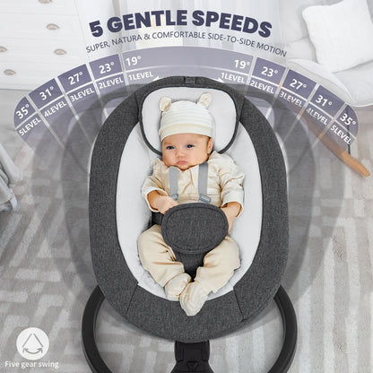 Baby Swing,Electric Baby Swing for Infants,Bluetooth Baby Swings with Intelligence Timing,5 Swing Speeds,Touch Screen Music Speaker 12 Preset Lullabies Baby Swing for Babies 0-9 Months Grey