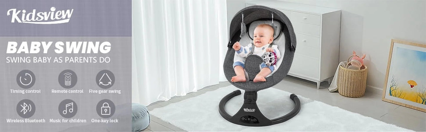 Baby Swing,Electric Baby Swing for Infants,Bluetooth Baby Swings with Intelligence Timing,5 Swing Speeds,Touch Screen Music Speaker 12 Preset Lullabies Baby Swing for Babies 0-9 Months Grey