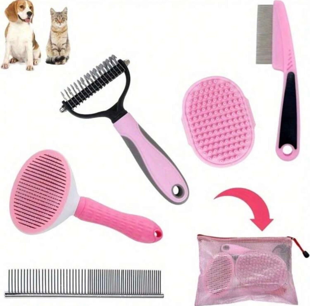 5pcs Pink Deshedding Brush For Short Hair, Slicker Brush, Flea Comb, Complete Brush Set