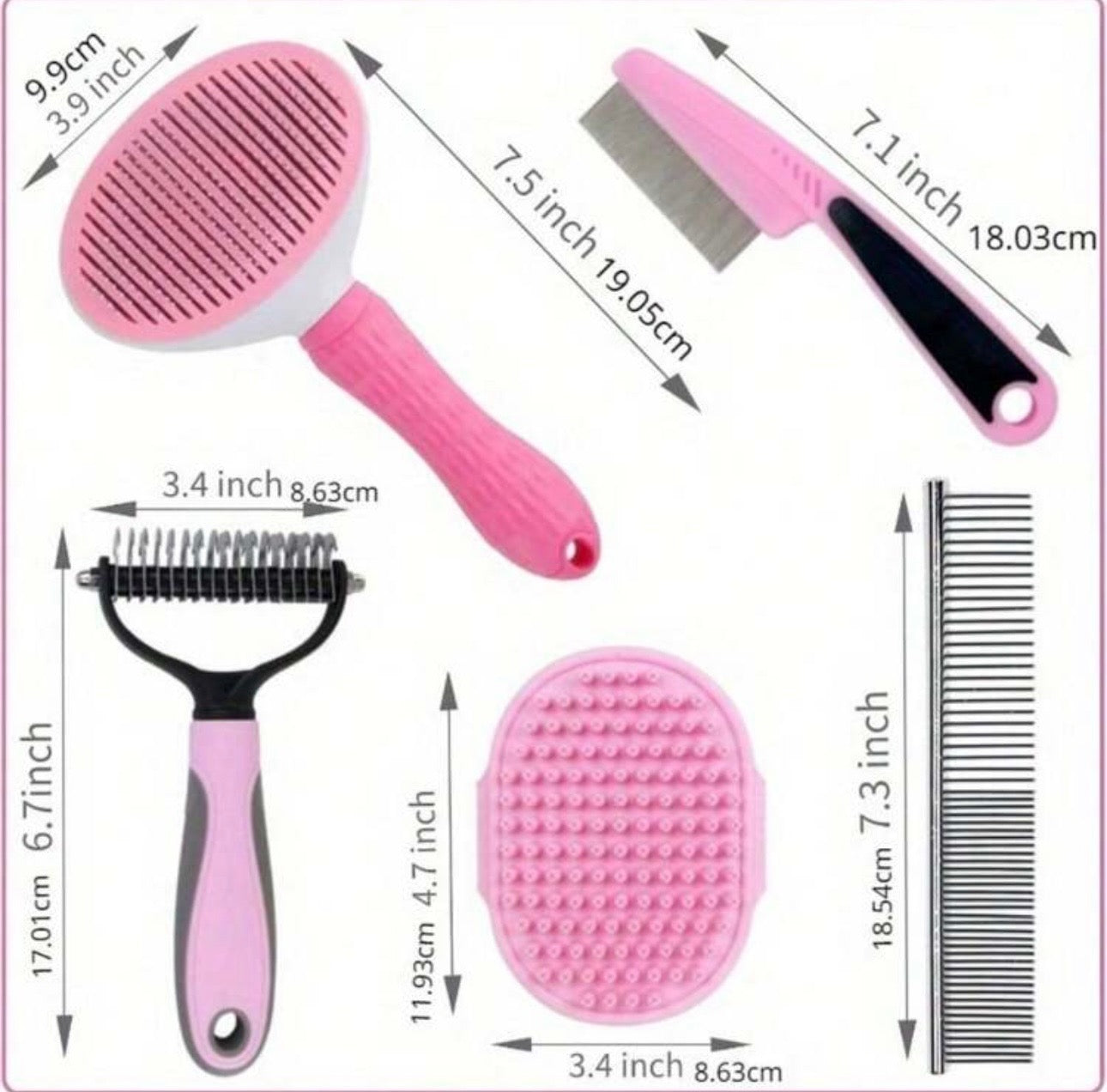 5pcs Pink Deshedding Brush For Short Hair, Slicker Brush, Flea Comb, Complete Brush Set