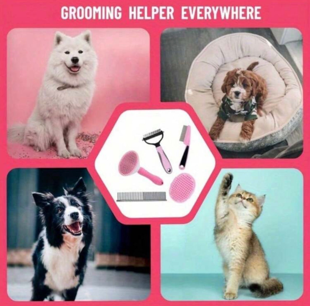 5pcs Pink Deshedding Brush For Short Hair, Slicker Brush, Flea Comb, Complete Brush Set