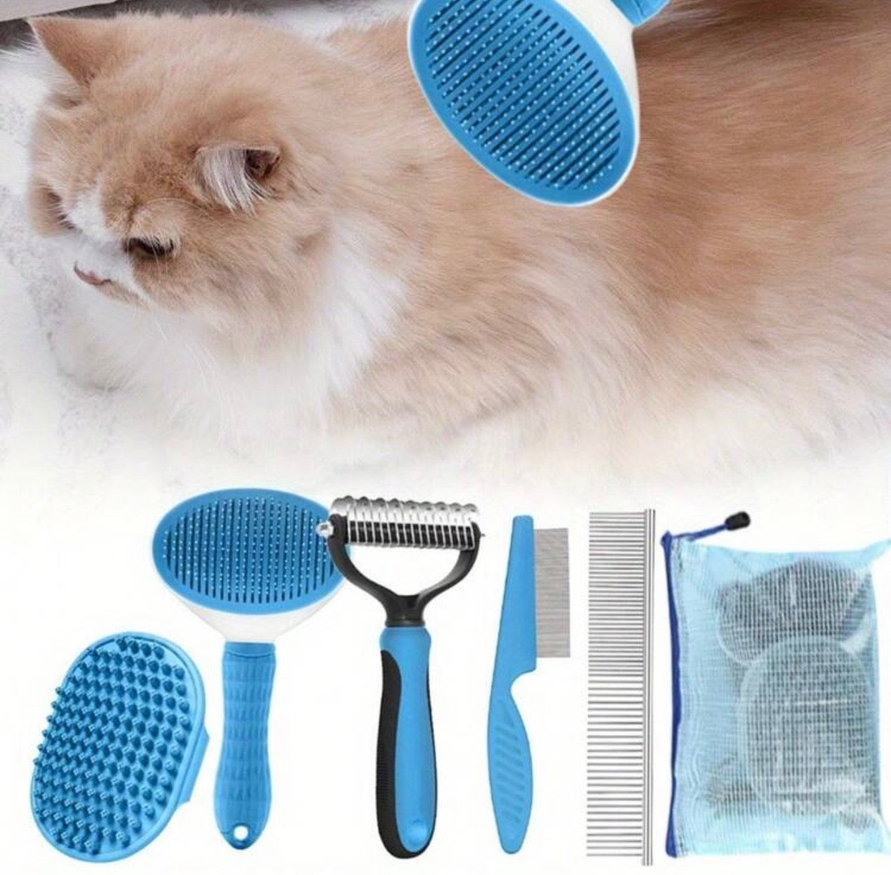 5pcs Blue Deshedding Brush For Short Hair, Cat and Dogs, Slicker Brush, Flea Comb, Complete Brush Set