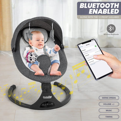 Baby Swing,Electric Baby Swing for Infants,Bluetooth Baby Swings with Intelligence Timing,5 Swing Speeds,Touch Screen Music Speaker 12 Preset Lullabies Baby Swing for Babies 0-9 Months Grey