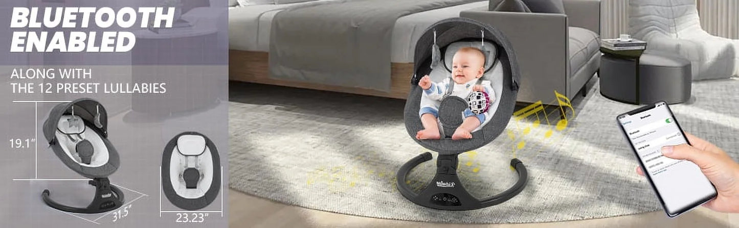 Baby Swing,Electric Baby Swing for Infants,Bluetooth Baby Swings with Intelligence Timing,5 Swing Speeds,Touch Screen Music Speaker 12 Preset Lullabies Baby Swing for Babies 0-9 Months Grey
