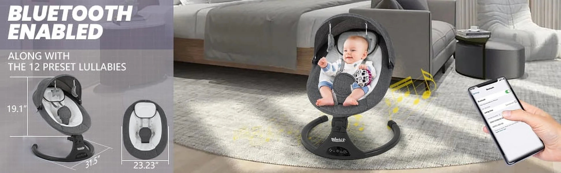 Baby Swing,Electric Baby Swing for Infants,Bluetooth Baby Swings with Intelligence Timing,5 Swing Speeds,Touch Screen Music Speaker 12 Preset Lullabies Baby Swing for Babies 0-9 Months Grey